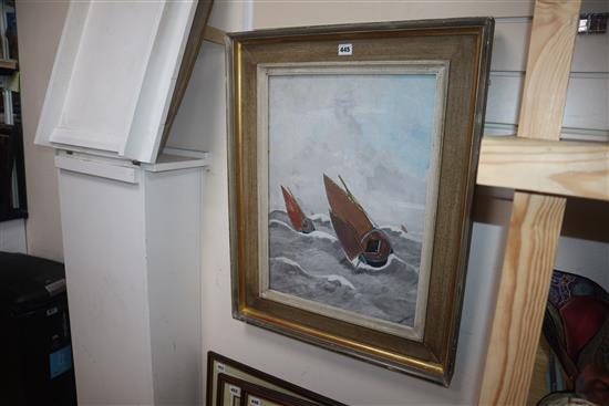 John Craske (1881-1945), gouache on paper, Fishing smacks in rough seas, 55 x 39.5cm